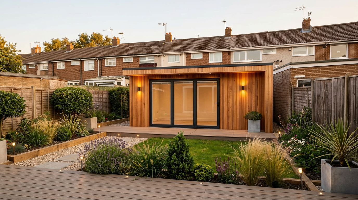 After: a modern cedar-clad garden room with sliding glass doors at dusk