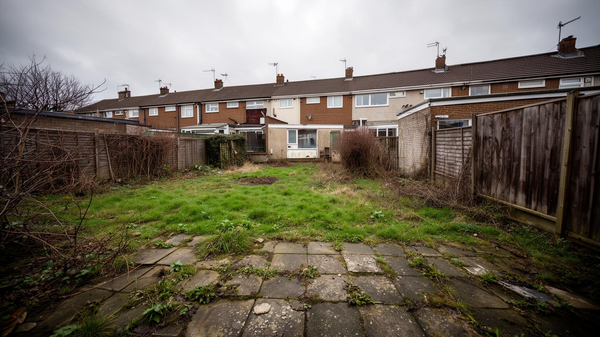 Before: a tired, weed-covered back garden with cracked concrete patio