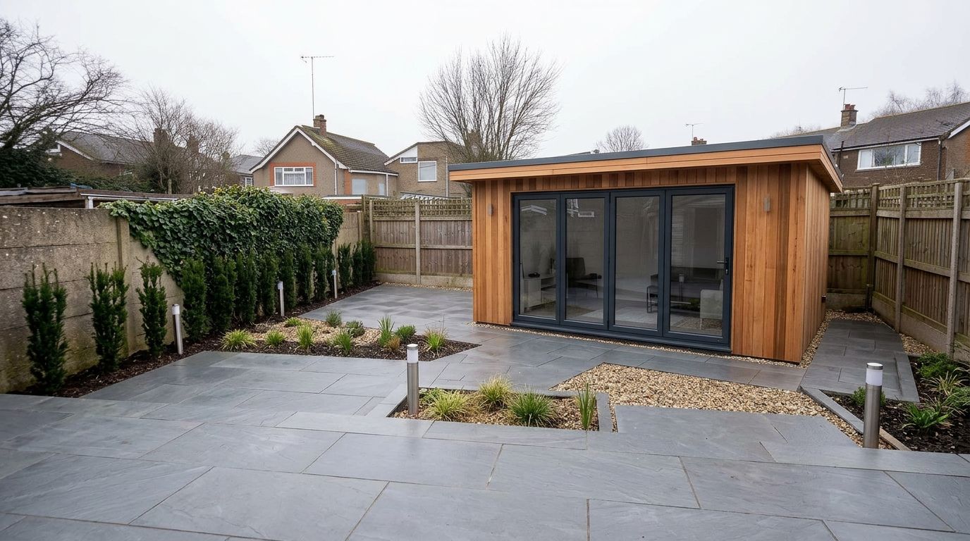 After: a contemporary garden room with anthracite aluminium doors and cedar cladding