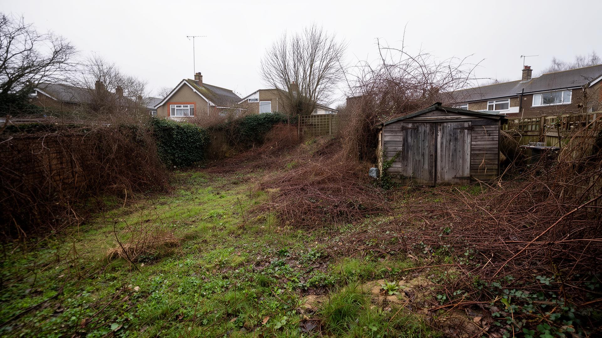 Before: an overgrown back garden with an old rotting timber shed