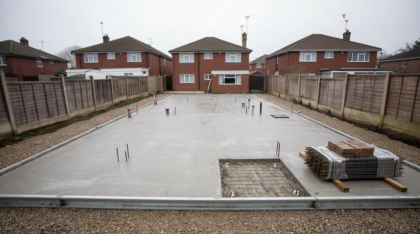 After: a perfectly level reinforced concrete raft foundation ready for build