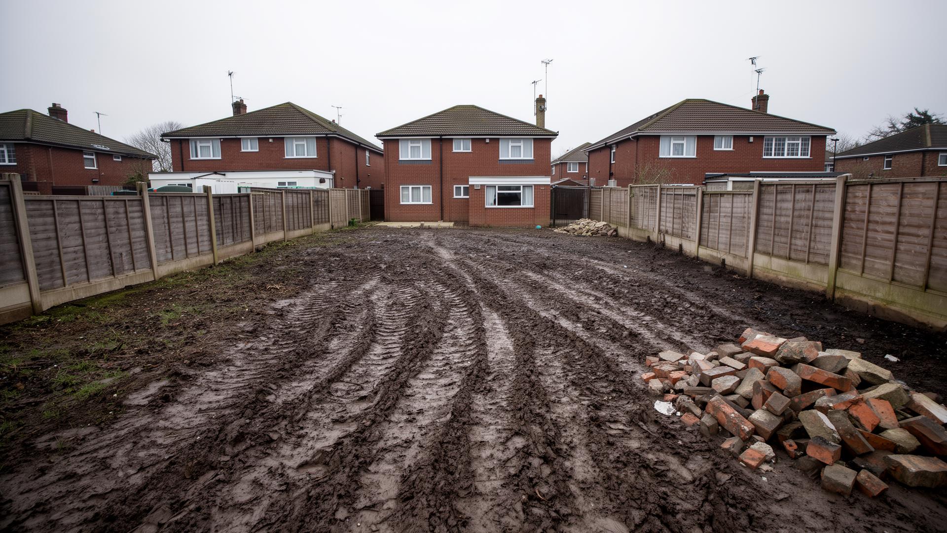 Before: a muddy, rutted plot of land with builders rubble awaiting groundworks