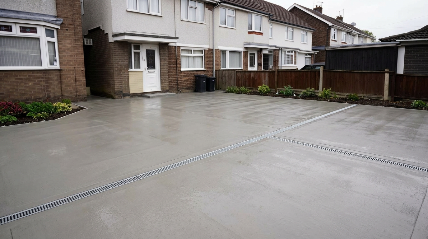 After: a freshly poured power-floated concrete slab with new drainage