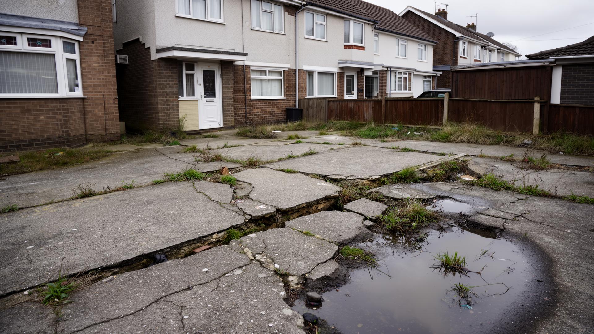 Before: a cracked, sunken concrete area beside a UK home with standing water